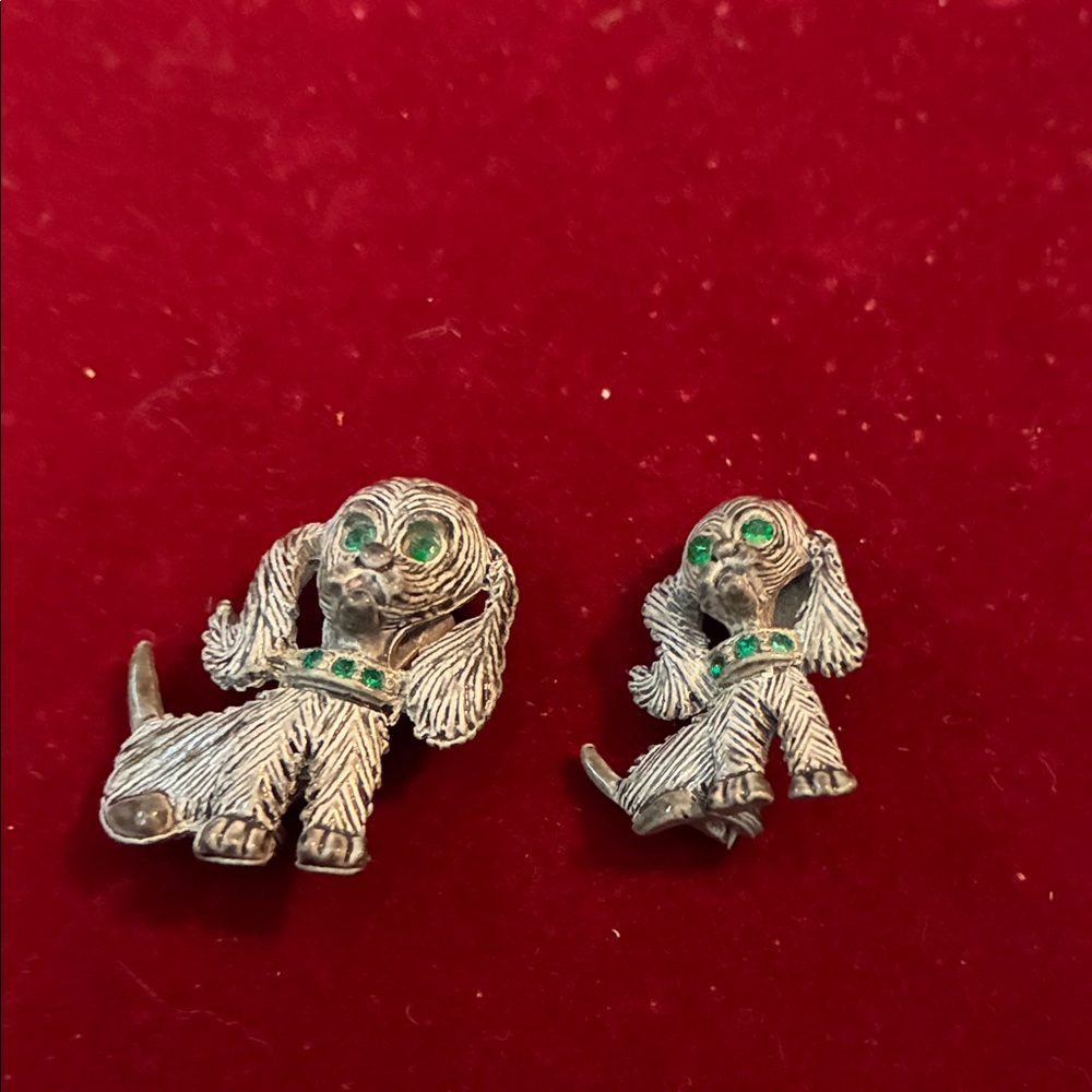 Charming Silver Dog Brooch Set with Green Accents